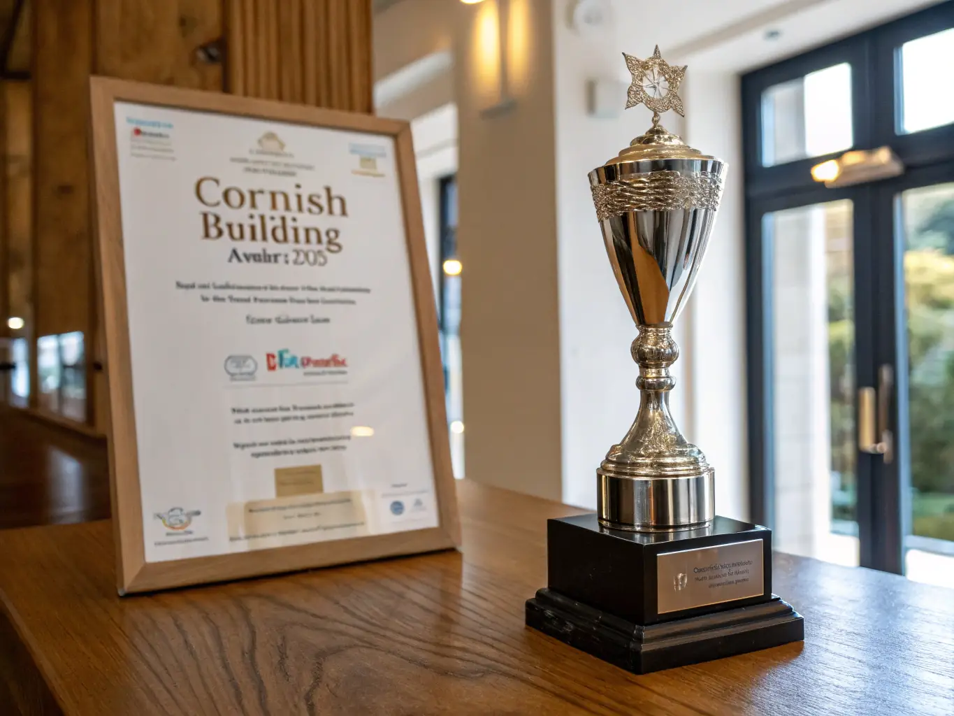The Cornish Building Awards 2021 trophy on a wooden surface, with a certificate in the background.