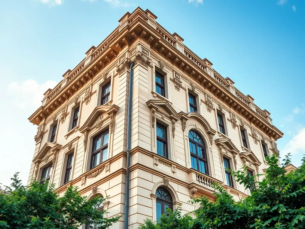 A meticulously restored historic building, preserving its original architectural details while incorporating modern amenities, showcasing Mokas's expertise in restorations. The image should highlight the building's historical significance and the quality of the restoration work.